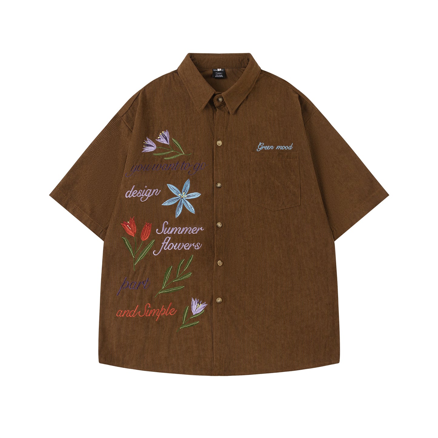 Retro Floral Embroidery Corduroy Short Sleeve Shirt