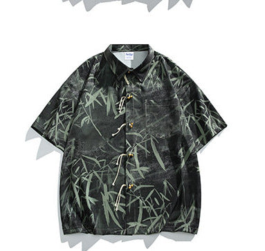 Bamboo Leaf Printed Loose Fitting Shirt