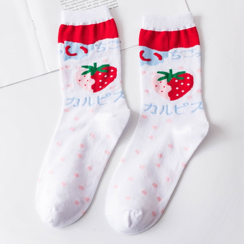 Kawaii Strawberry Milk Socks - Harajuku Pink & White Women’s Socks