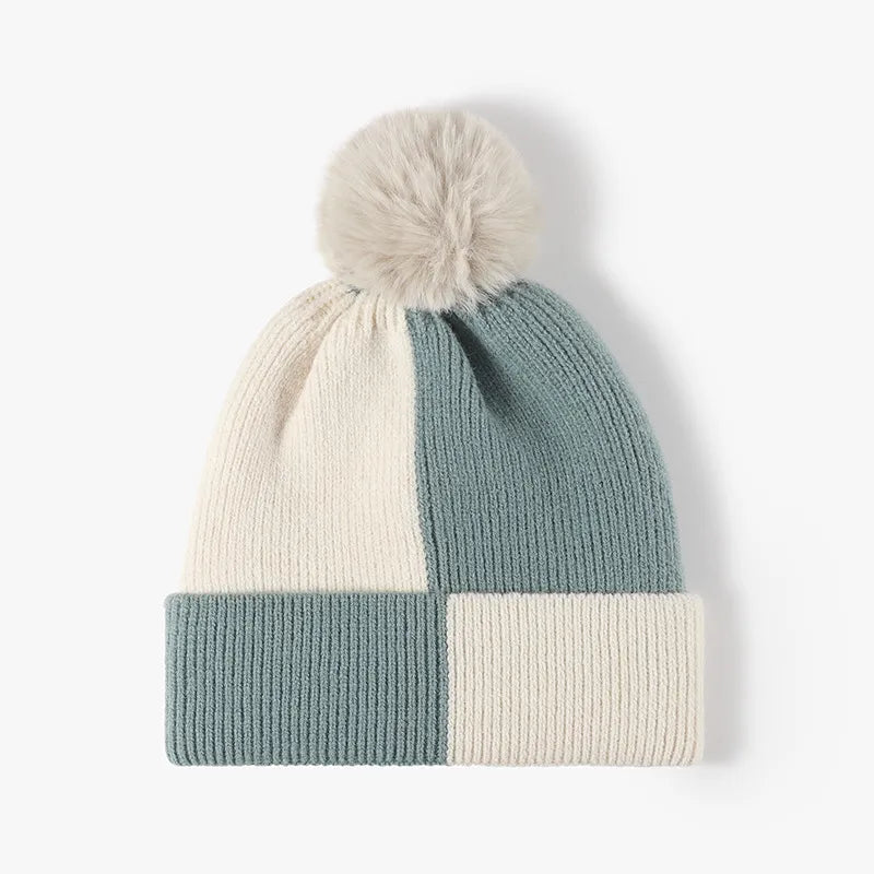 Playful Color Block Knit Hat with Pom-pom