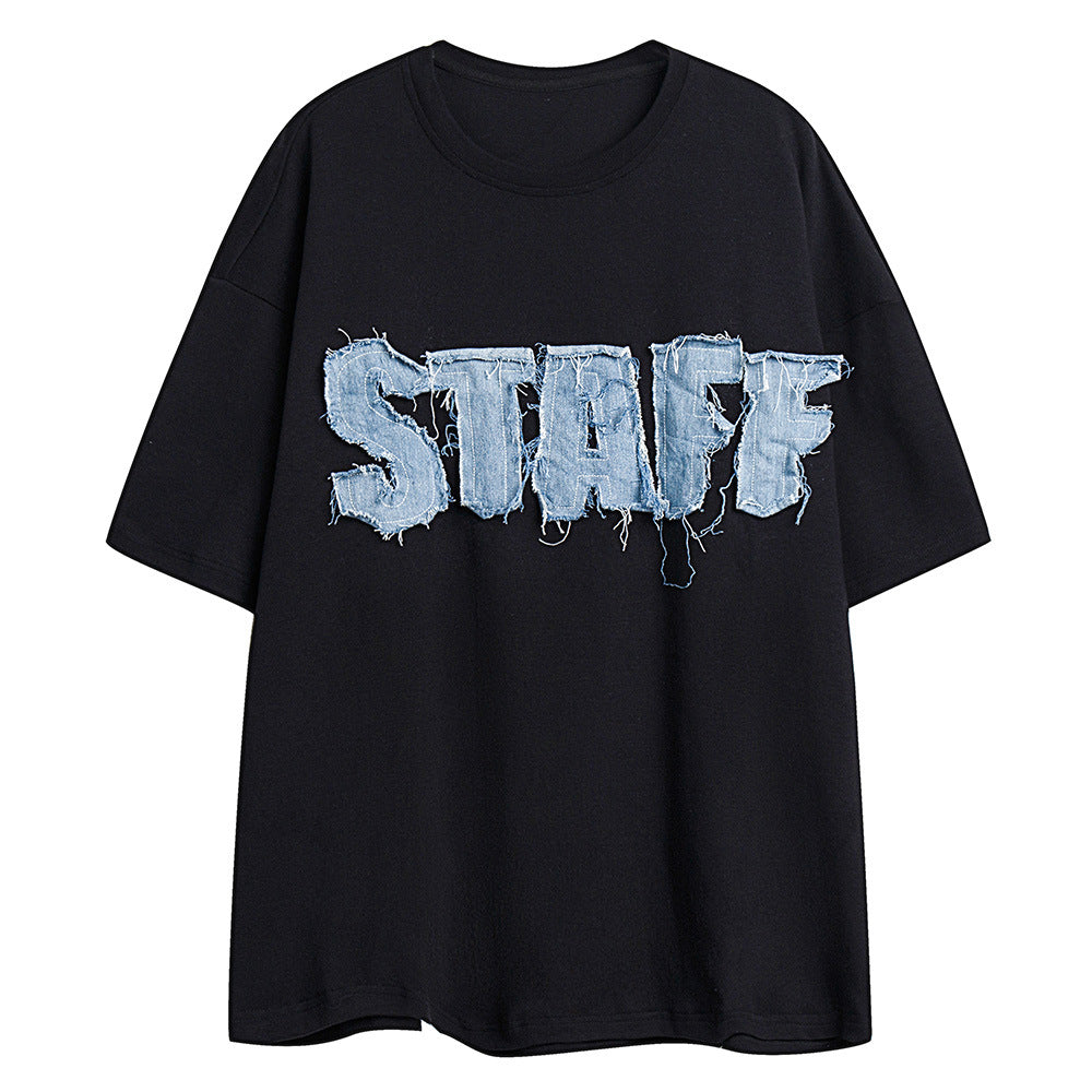 Alphabet Denim Patch Short Sleeve T-Shirt for Men