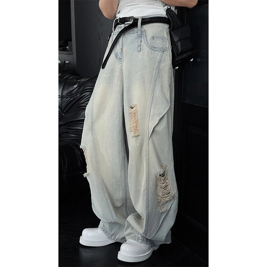Washed Ripped Denim Wide Leg Pants