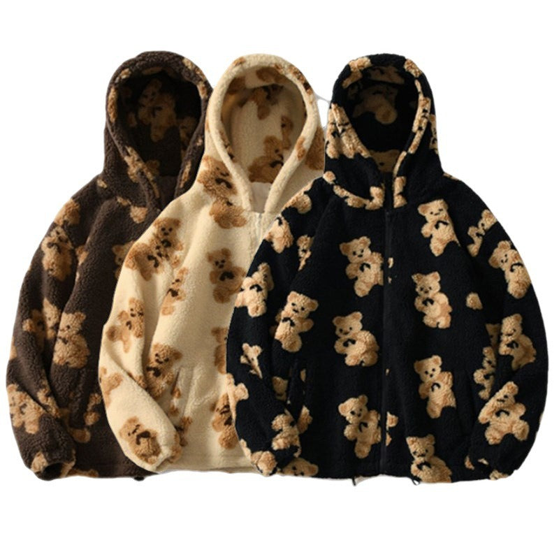 Playful Bear Hooded Plush Sweater for Women