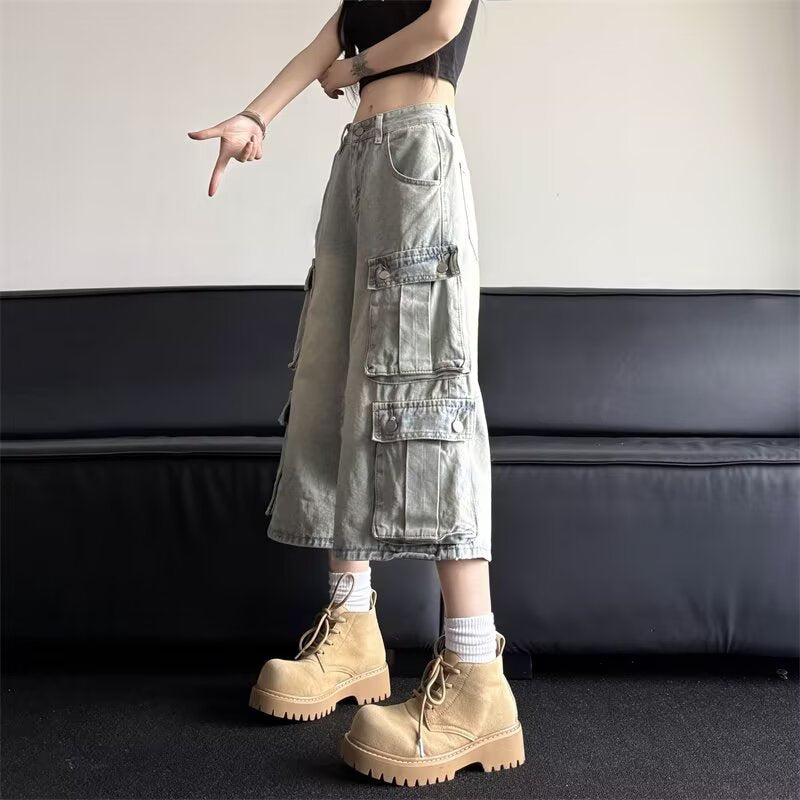 Retro Light Blue Multi Pocket Pants for Women