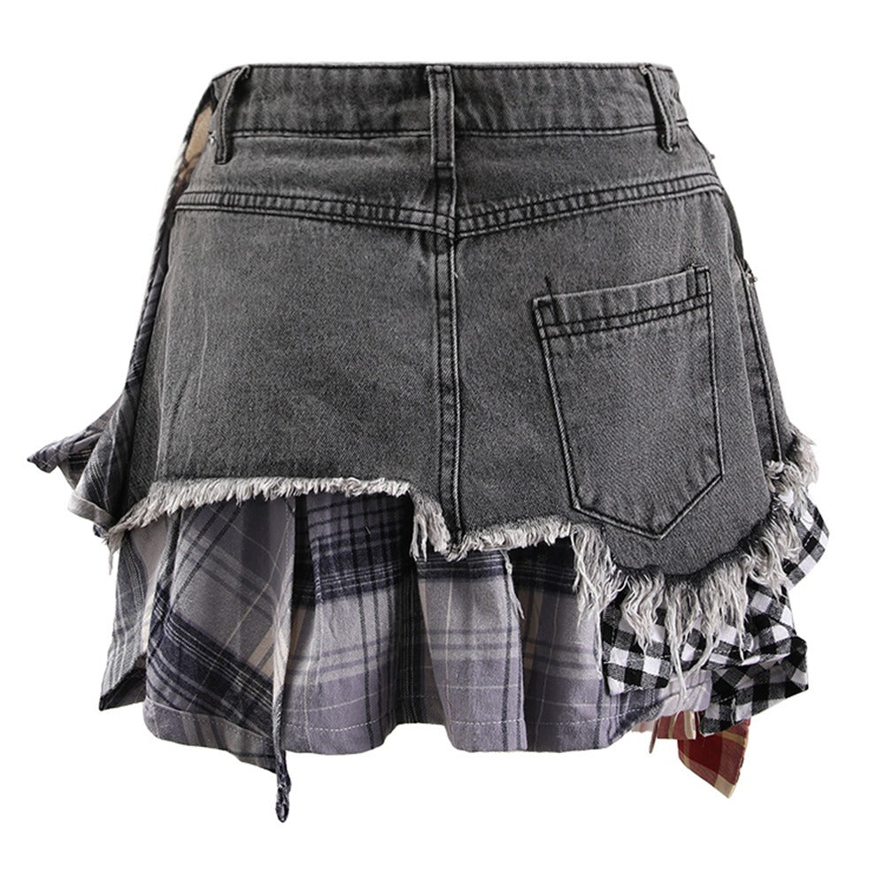 Harajuku Style Irregular Plaid Denim Skirt for Women
