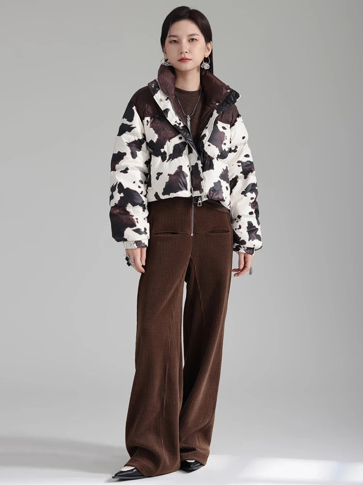 Harajuku Style Cow Pattern Cotton-Padded Coat with Stand Collar