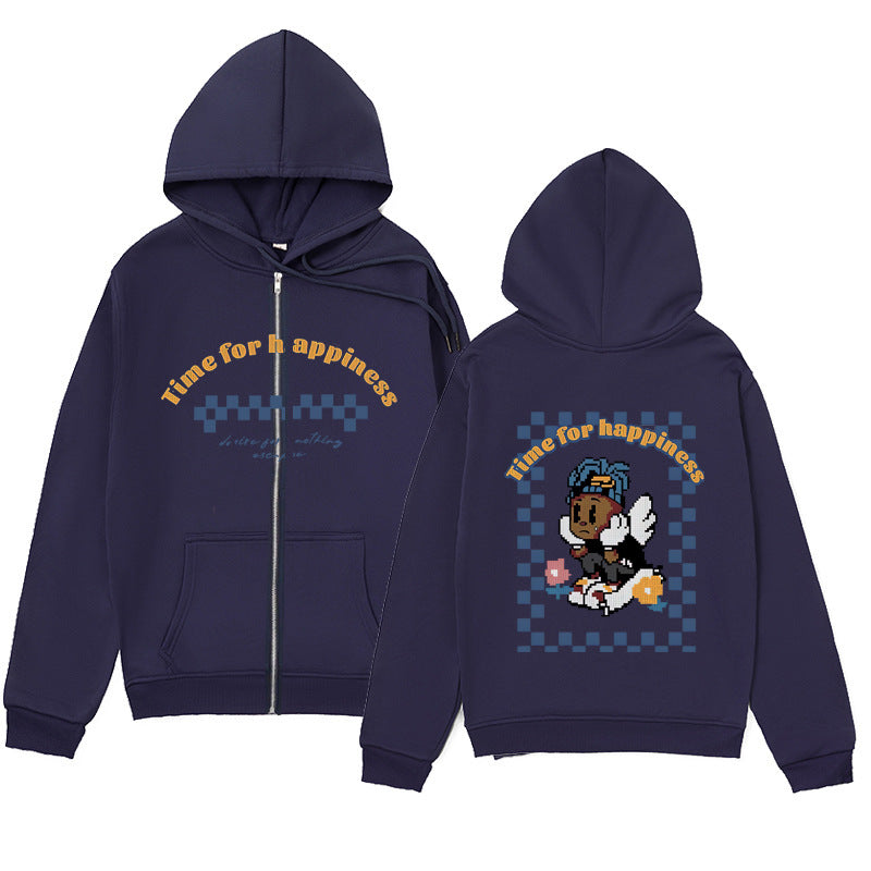 Playful Melancholic Child Print Zip-Up Hoodie