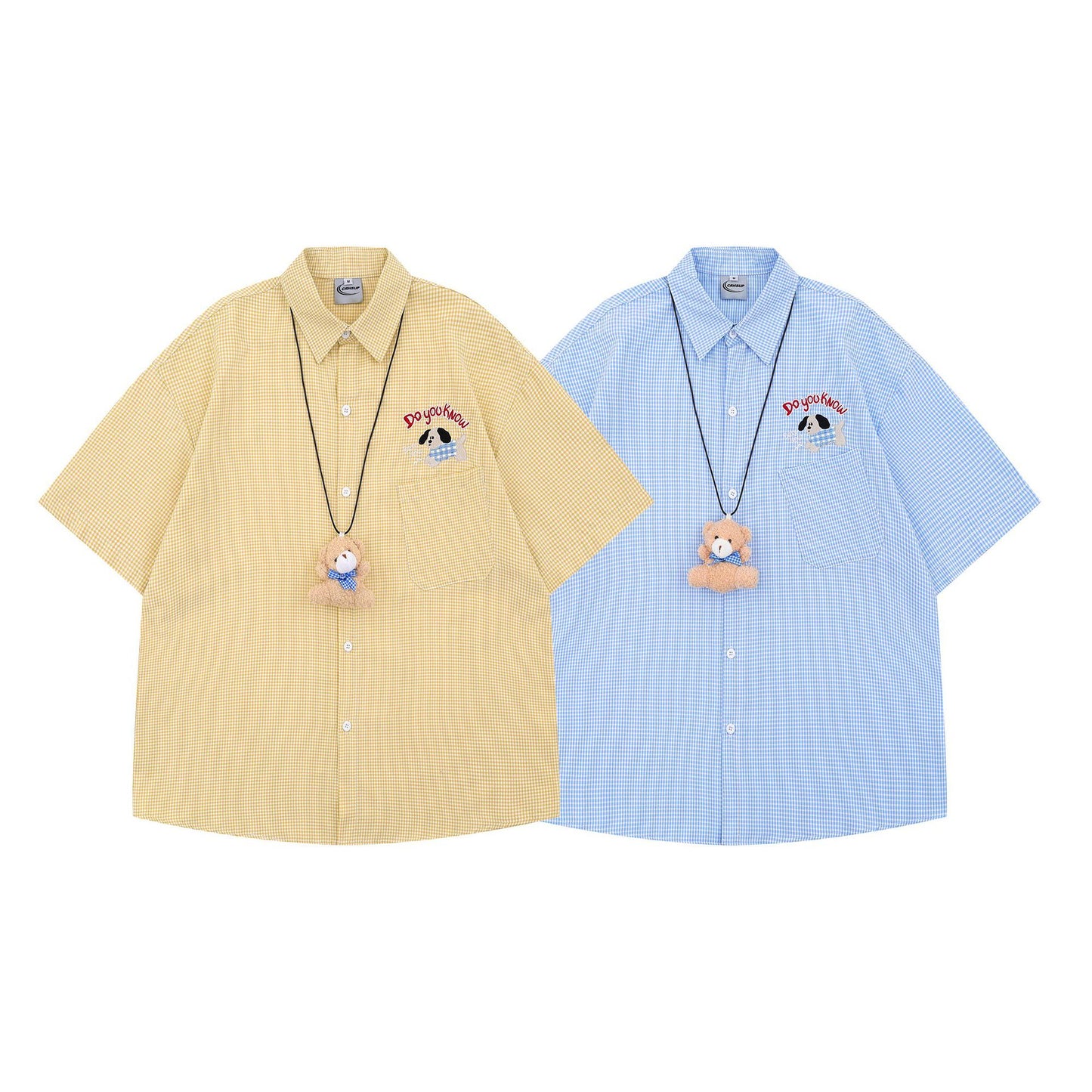 Cartoon Embroidery Short Sleeve Shirt with Bear Pendant