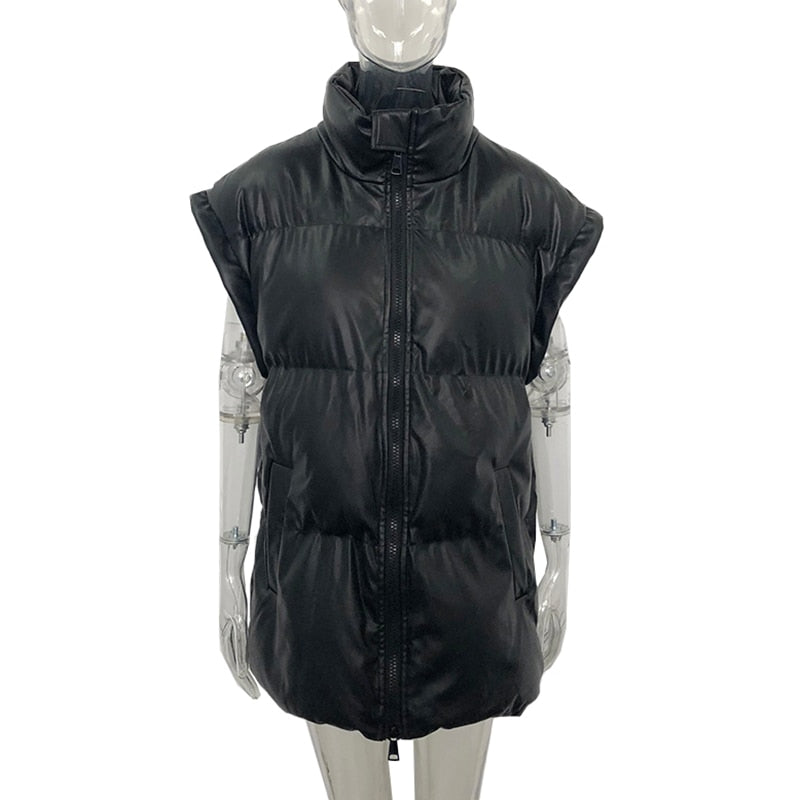 Elegant Faux Leather Stand Collar Vest for Women