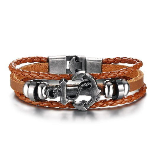 Harajuku Black Braided Leather Anchor Bracelet for Men