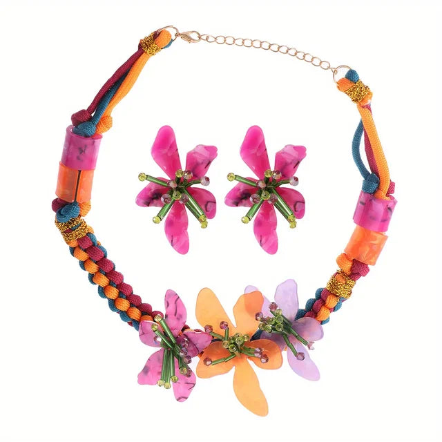 Colorful Harajuku Flower Jewelry Set - Necklace & Earrings