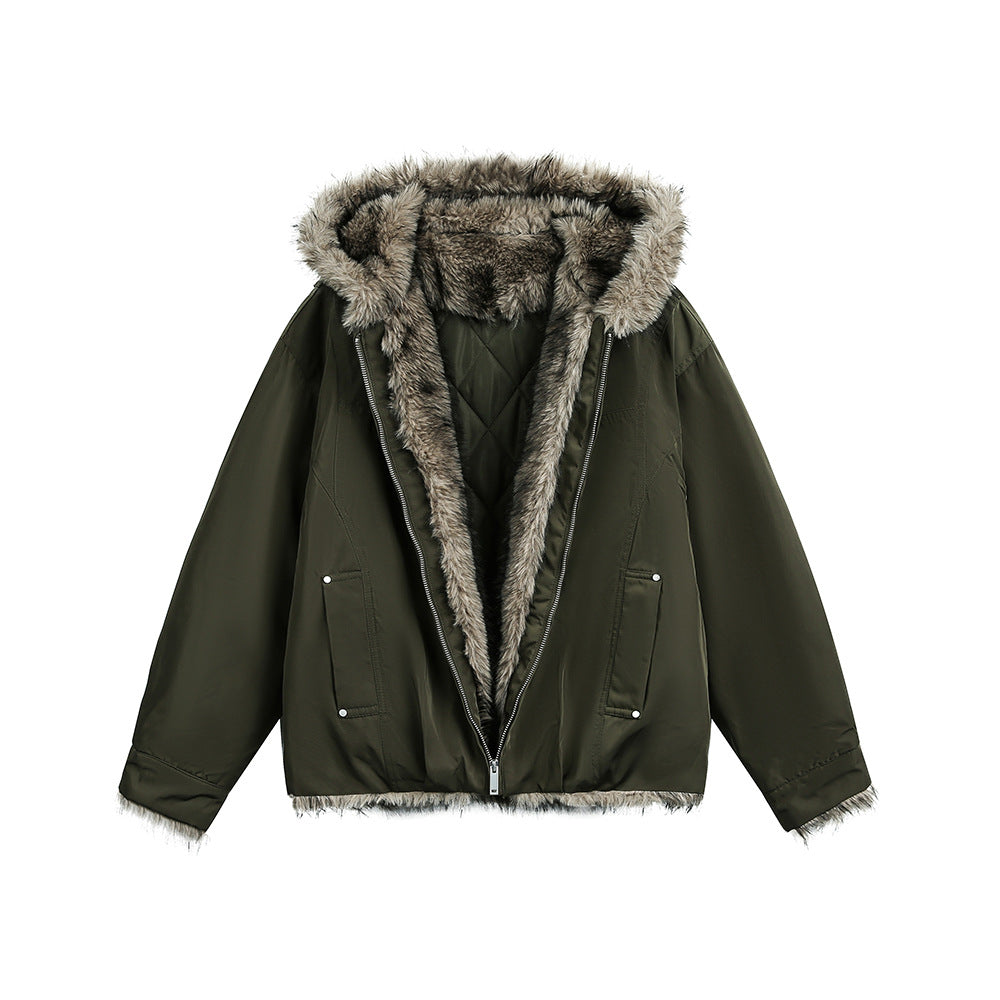 Hooded Fur Collar Loose Thick Jacket