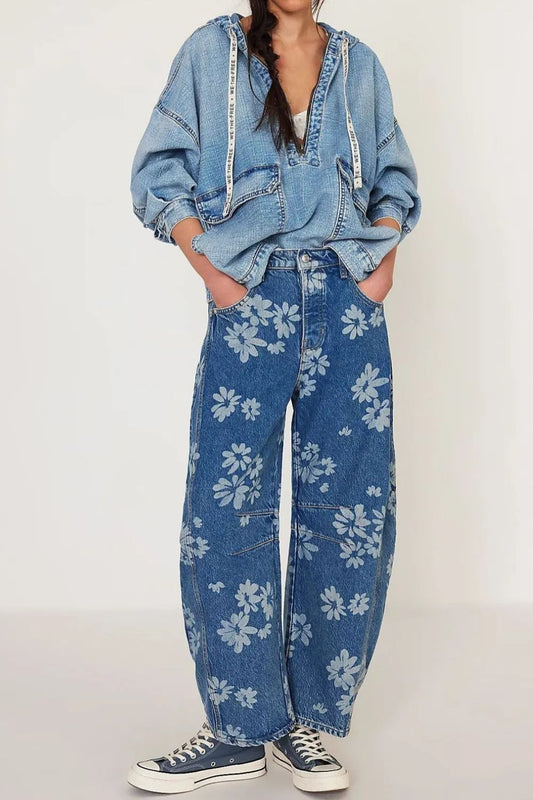 Flower Print Wide Leg Jeans for Harajuku Style