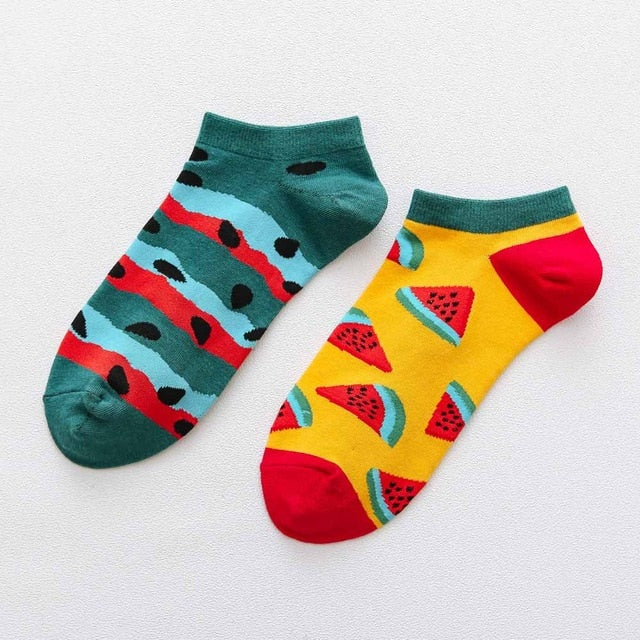 Playful Harajuku Men's Cotton Ankle Socks - Funny Animal & Fruit Designs