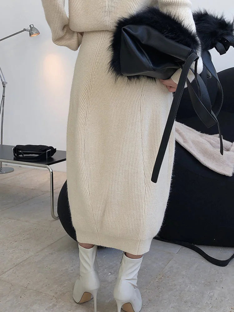 High Elastic Waist Apricot Irregular Knitting Skirt