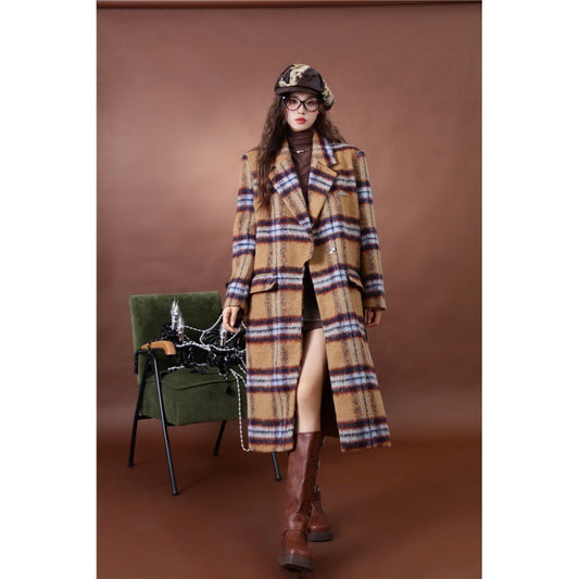 Playful Plaid Woolen Coat for Women - Harajuku Style