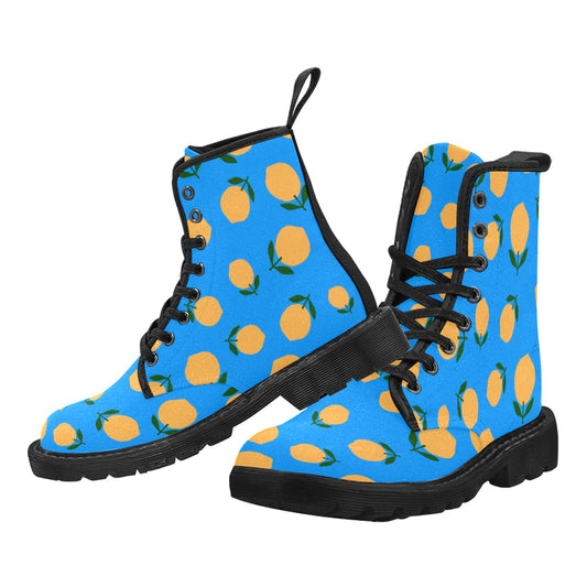 Yellow Fruit Blue Background Women's Lace Up Canvas Boots