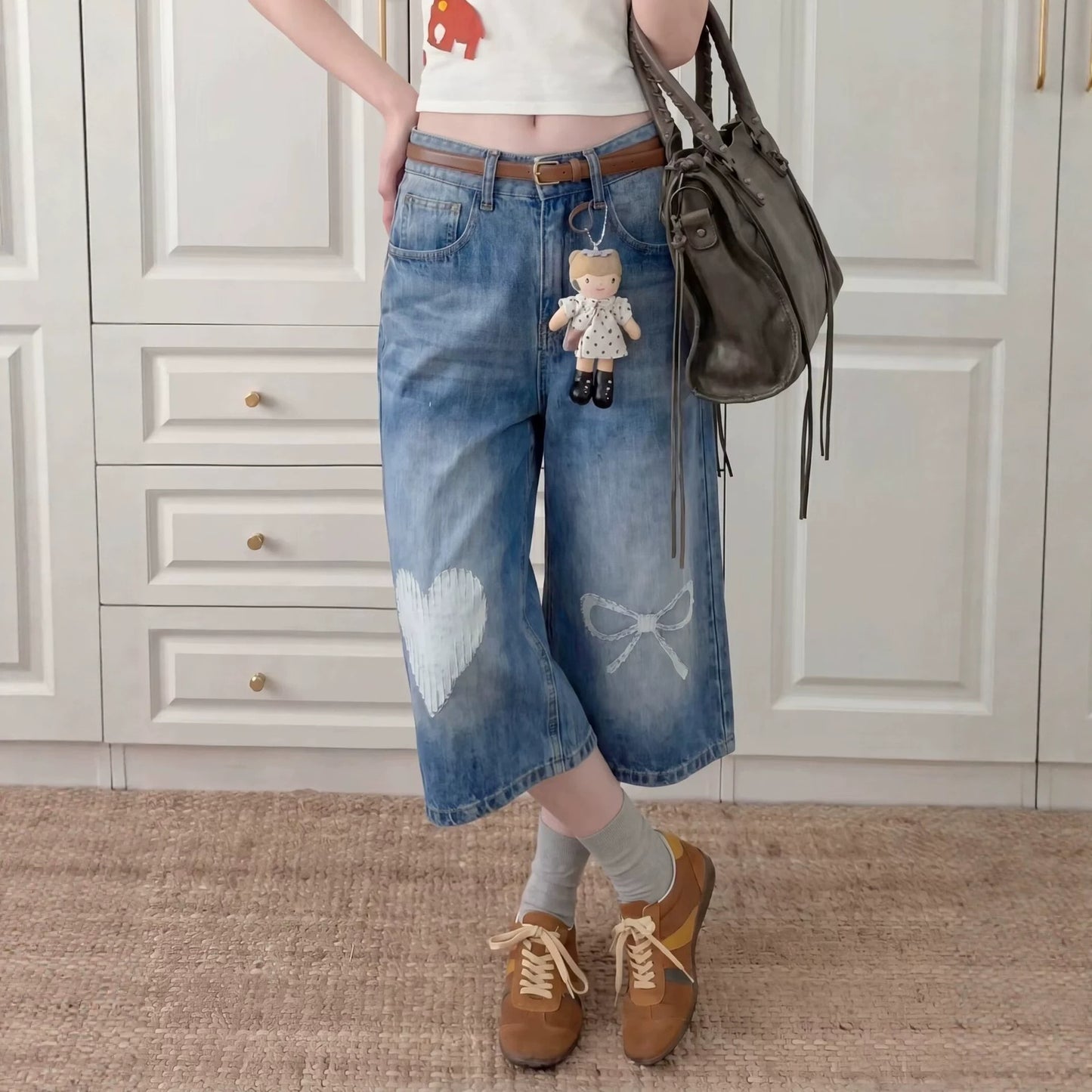 Harajuku Design Jeans Washed Bleached Loose Straight Leg Drape Wide Leg Pants - XGN-D112 Blue