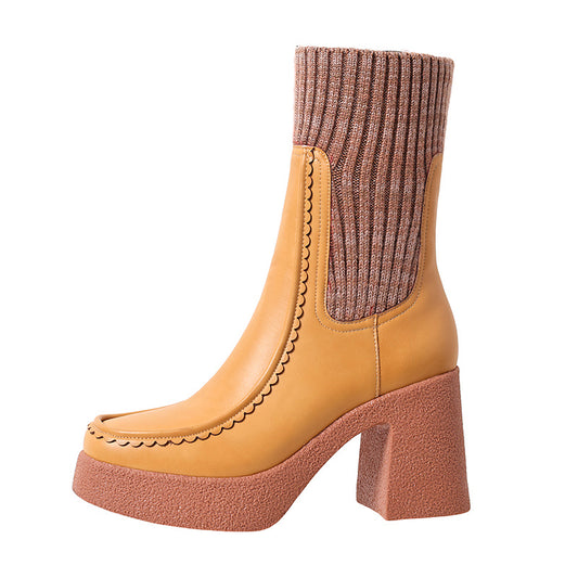 Brand Genuine Leather Women's Chunky High Heels Platform Ankle Boots in Black and Brown for Dress or Casual Events, Size US9