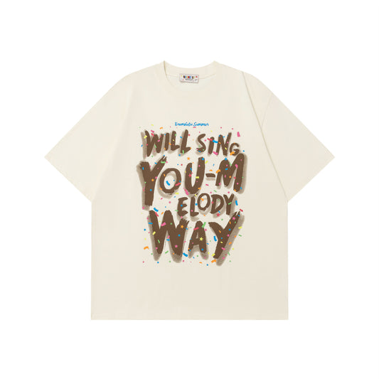 Ribbon Letter Print Pure Cotton T-Shirt