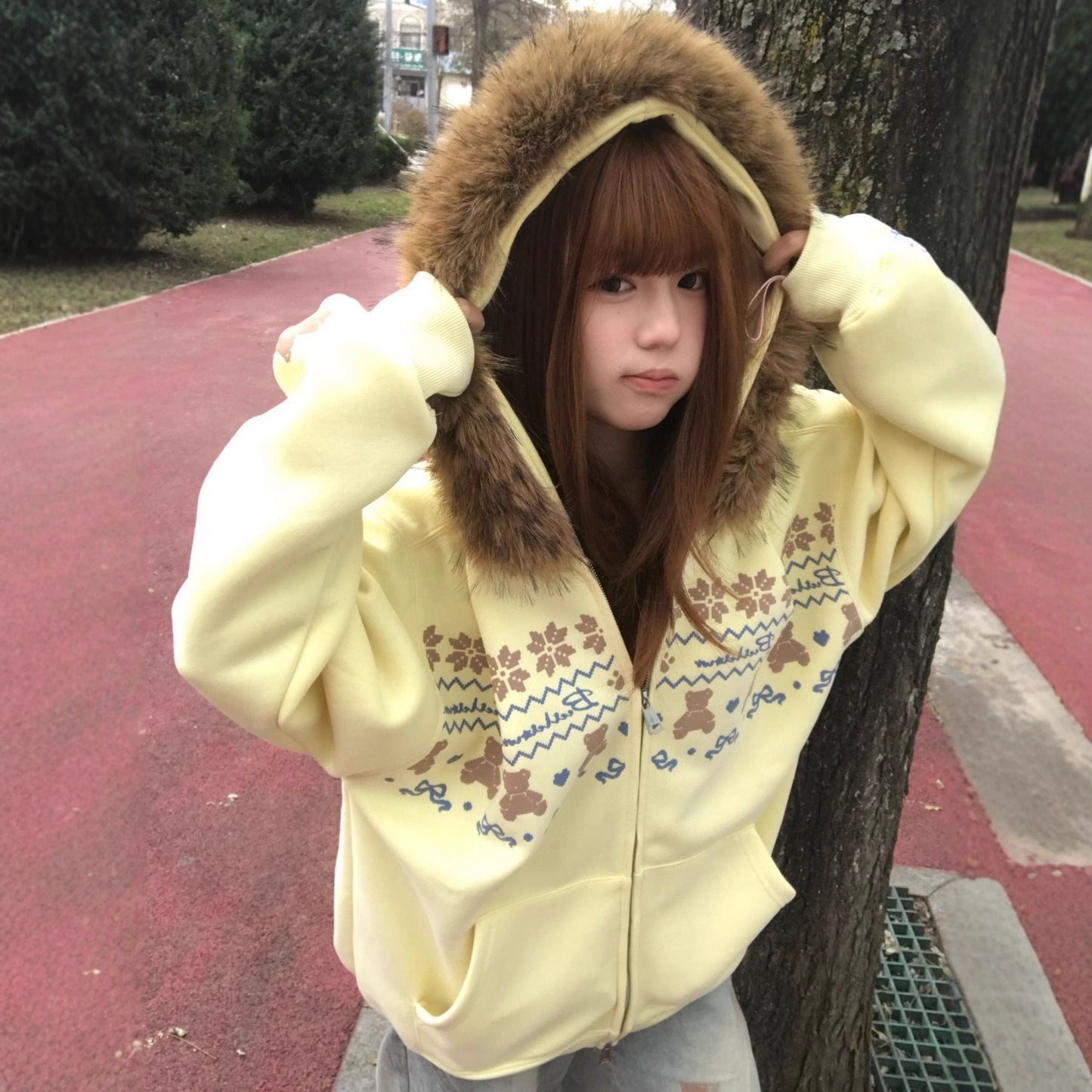 Vintage Fair Isle Faux Fur Collar Bear Hoodie