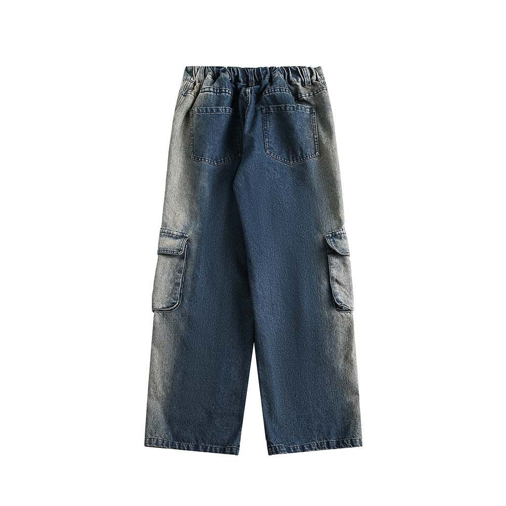 Washed Gradient Casual Jeans - Men's Loose Multi Pocket Work Pants