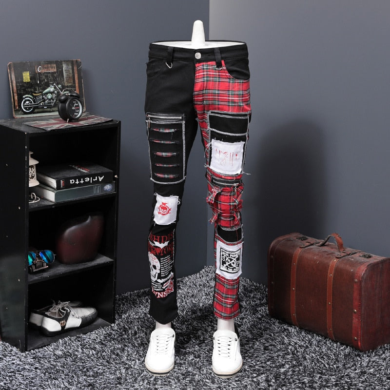 Harajuku Style Black Split Joint Holes Patch Jeans for Men