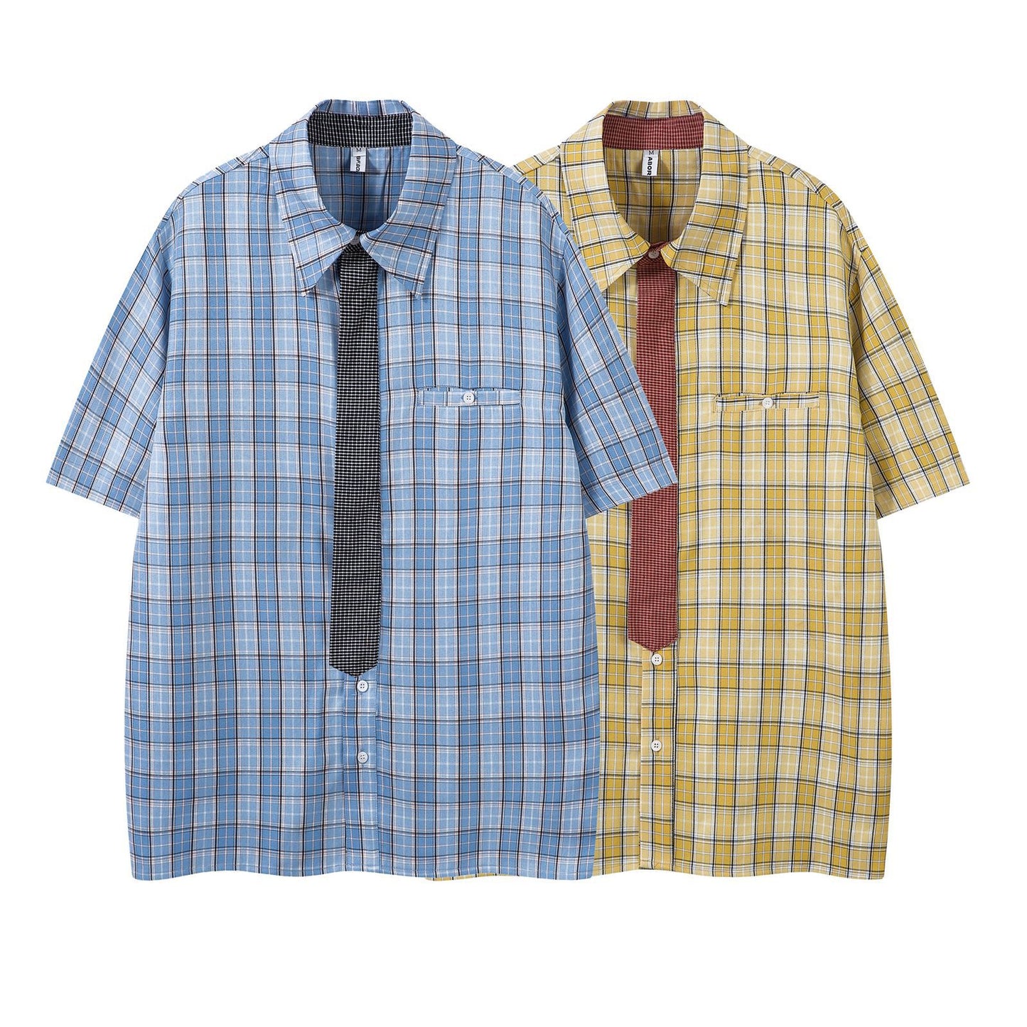 Harajuku Plaid Collar Tie Short Sleeve Shirt Unisex