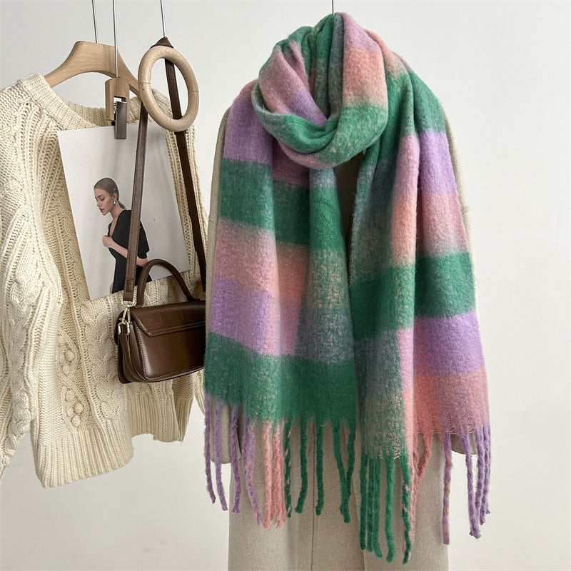 Harajuku-Inspired Mohair Plaid Scarf with Tassels