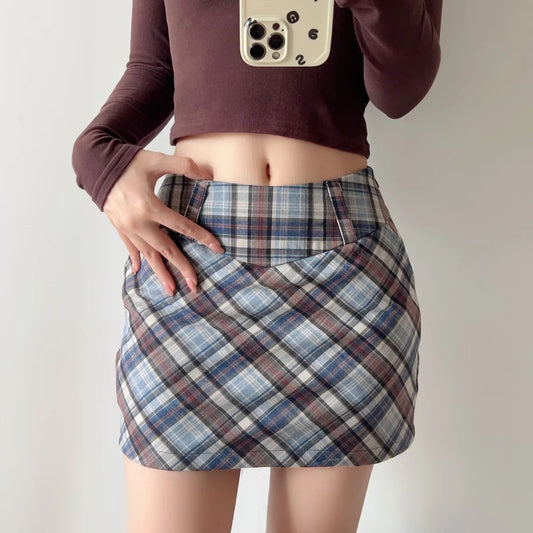 Plaid Mini A-line Skirt with High Elasticity in Sweet and Spicy Style