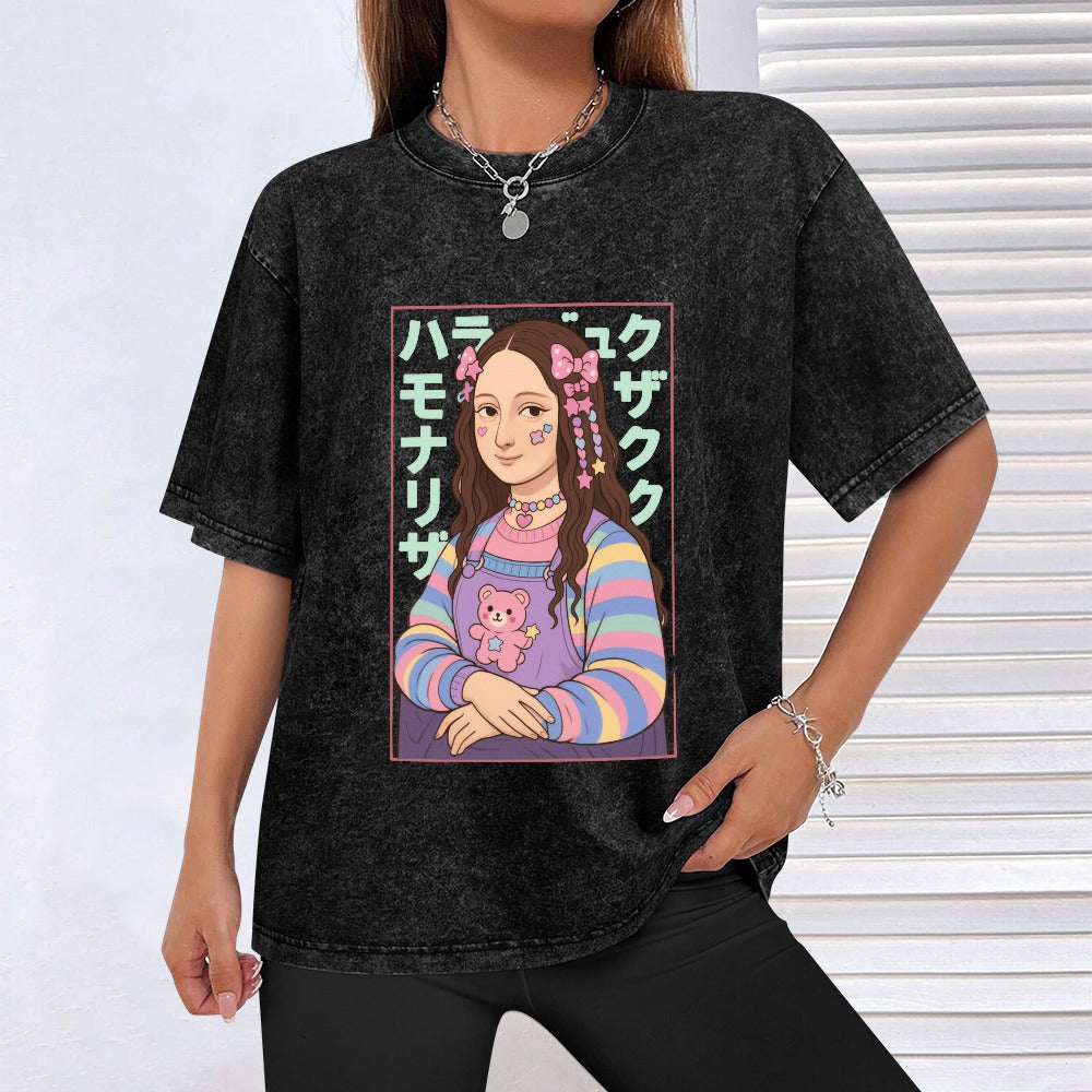 Harajuku Kawaii Mona Lisa Vintage Wash Off Shoulder Tee