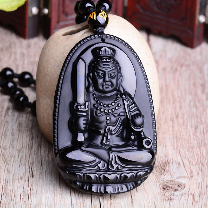 Black Obsidian Six Stars Lucky Amulet Pendant Necklace