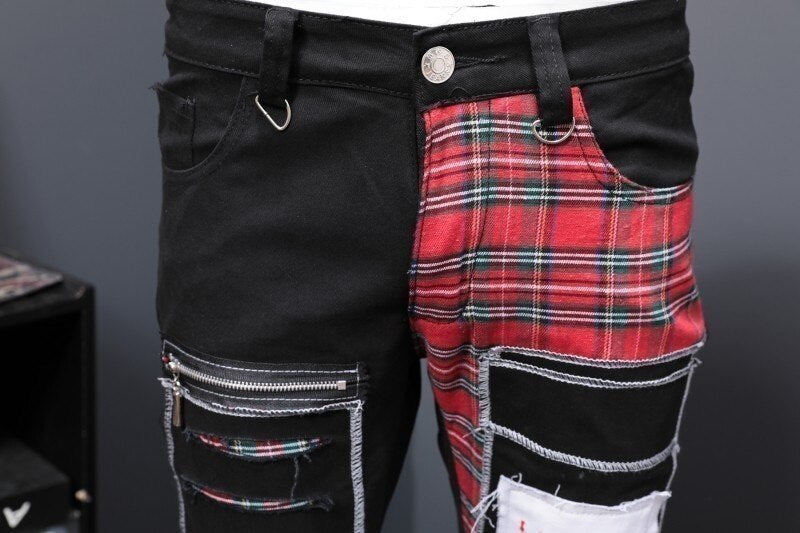 Harajuku Style Black Split Joint Holes Patch Jeans for Men