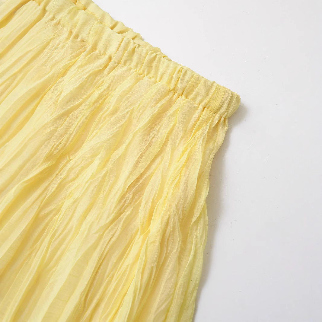 Versatile Pleated Long Skirt for Women - Yellow