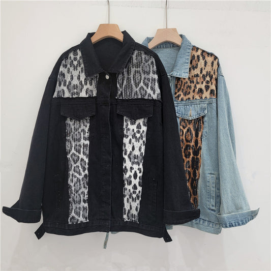 Retro Leopard Print Sequin Denim Jacket