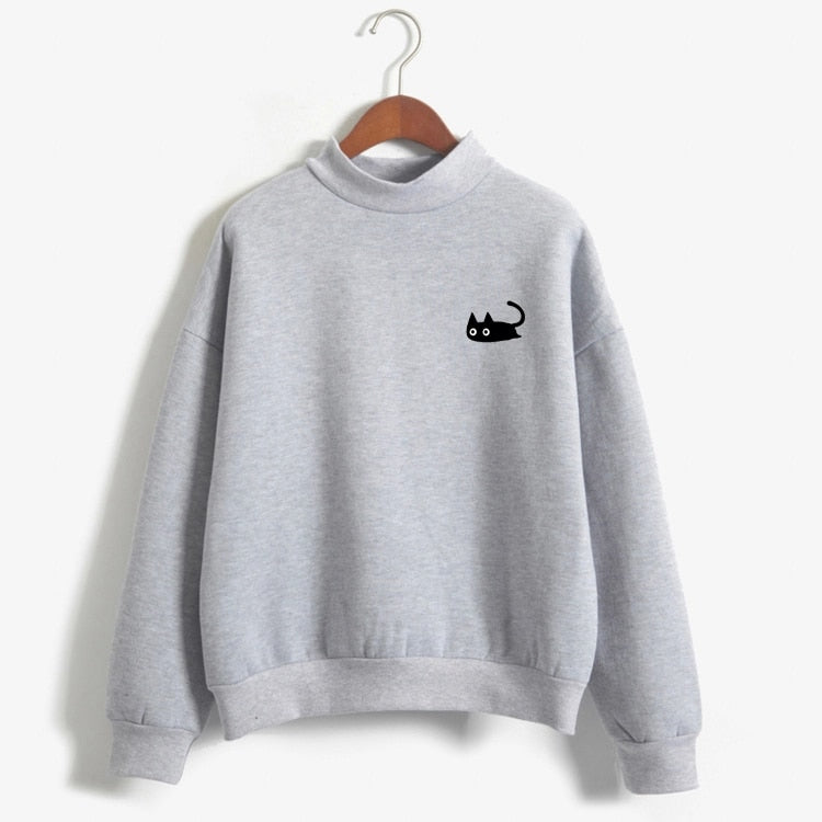 Kawaii Black Cat Turtleneck Sweatshirt for Women