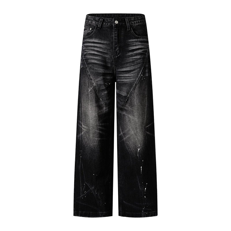 Playful Washed Denim Trousers for Men - Loose Straight Leg