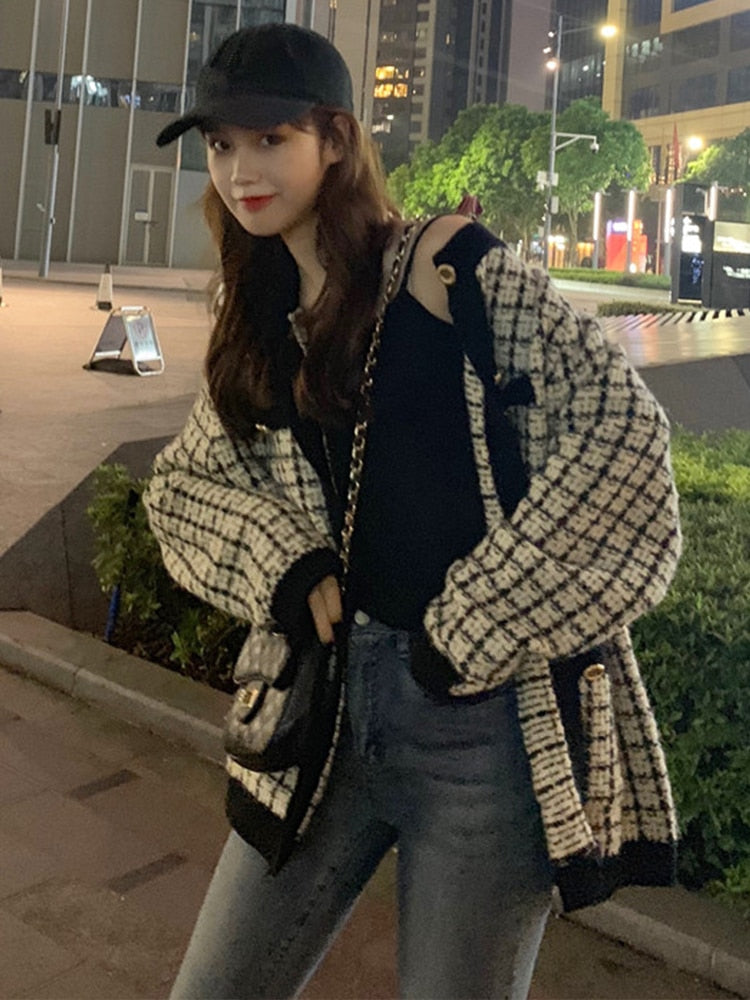 Harajuku Style Retro Plaid Cardigan Sweater Coat