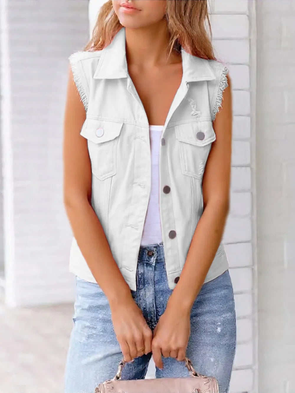 Button Down Raw Hem Sleeveless Denim Jacket Plus Size