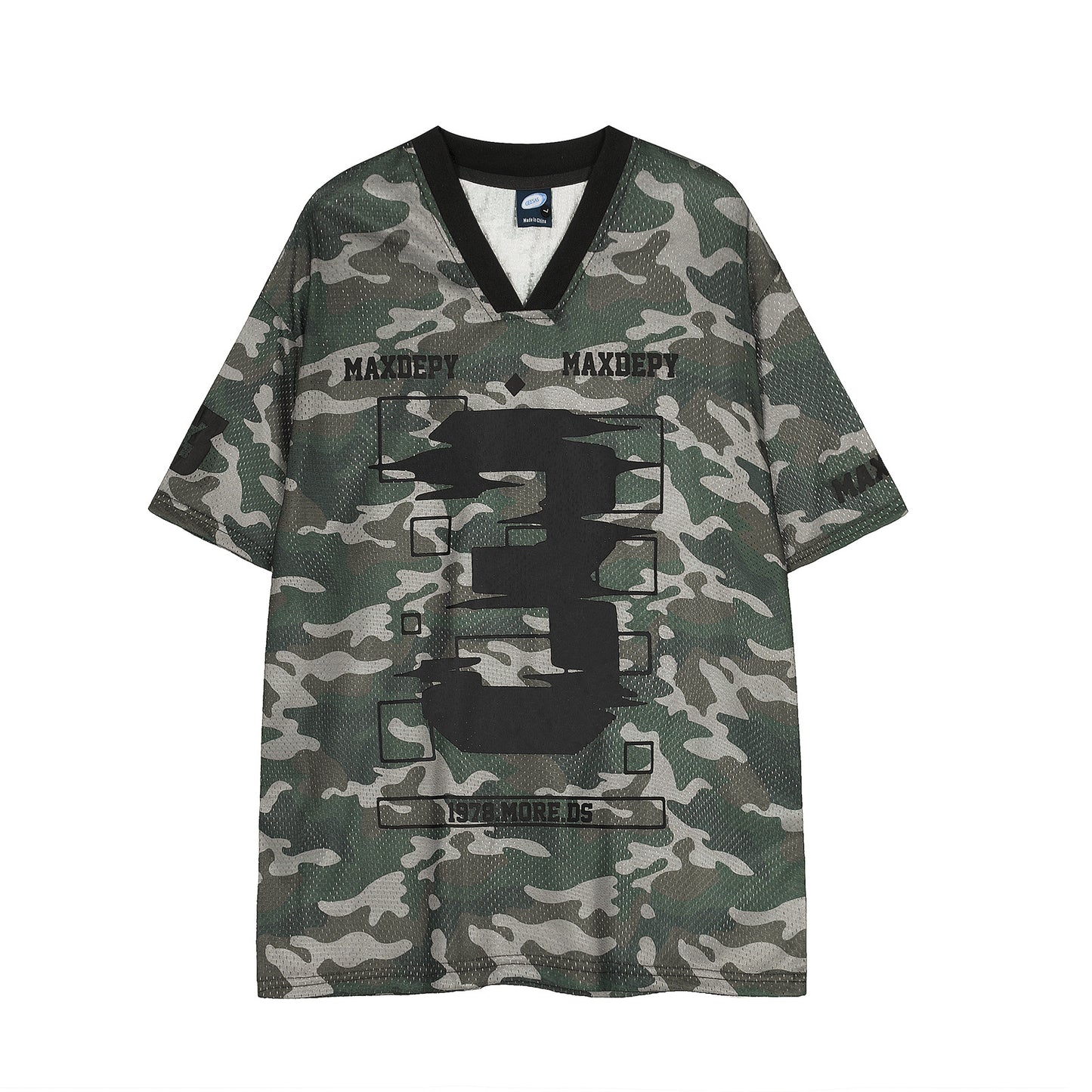 Retro Camouflage V-Neck Mesh T-Shirt