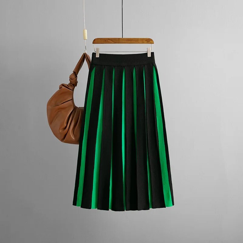 Harajuku Style Knitted Long Skirt - High Waist Black & White Stripes