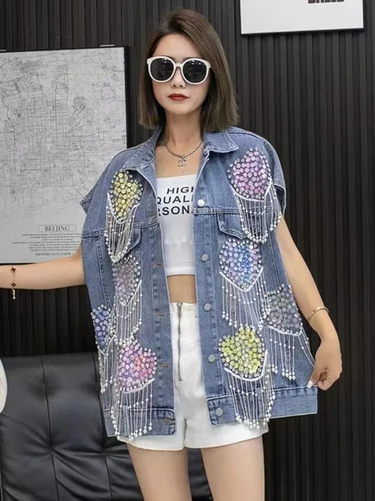 Harajuku Style Beaded Denim Jacket with Tassels