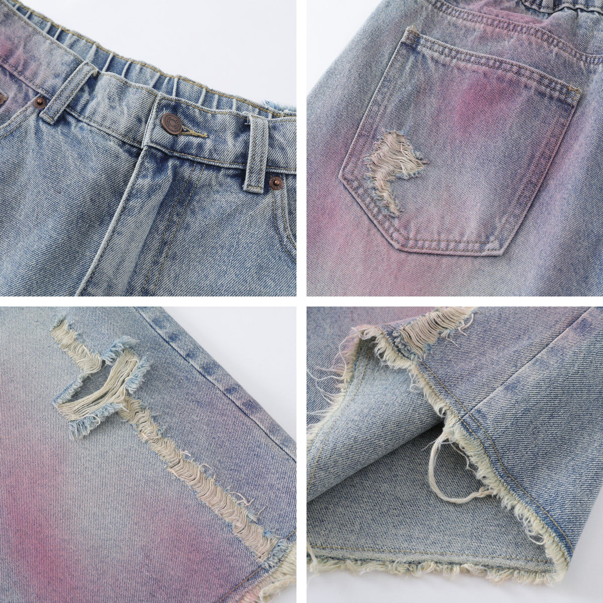 Distressed Washed Unique Design Seven-Quarter Denim Shorts