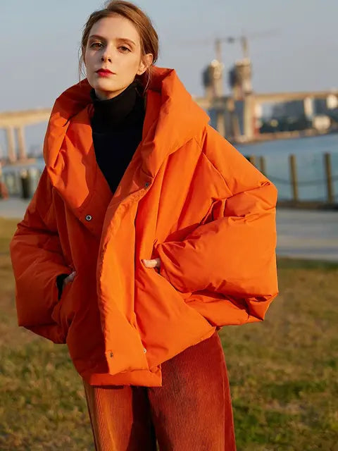 Harajuku Style Women's Oversized Down Parka - Fluffy Orange Red