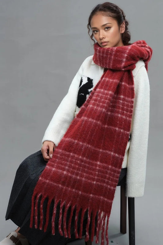 Fringe Plaid Thermal Scarf - Harajuku Style