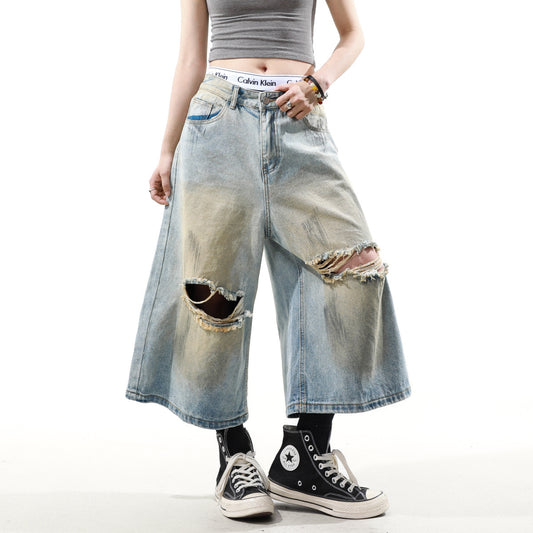 Hiphop Washed Ripped Loose Cropped Pants