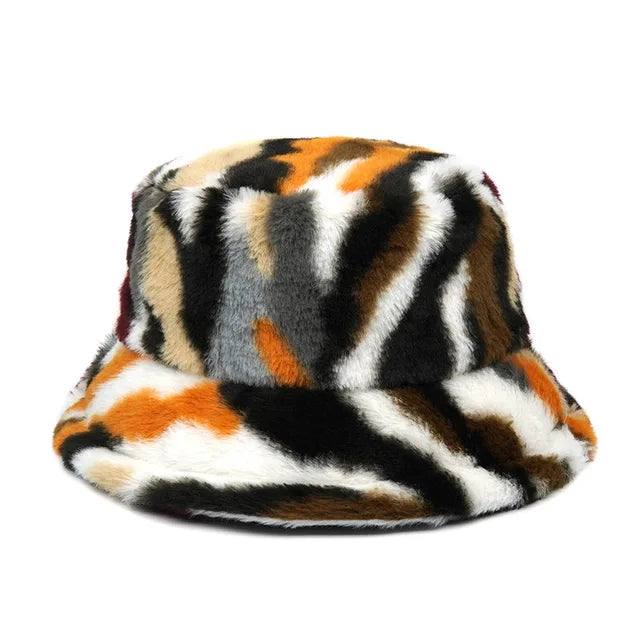 Harajuku Style Zebra Print Faux Fur Panama Bucket Hat