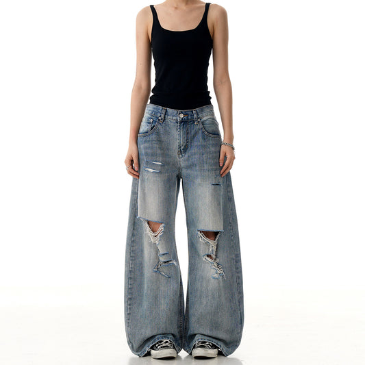 Vintage Ripped Denim Straight Leg Knife Pants