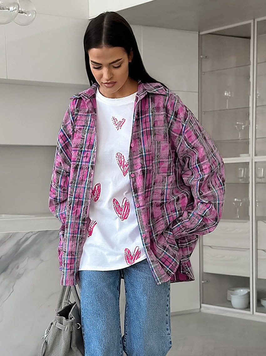 Versatile Pure Cotton Plaid Shirt - Loose Fit for Women