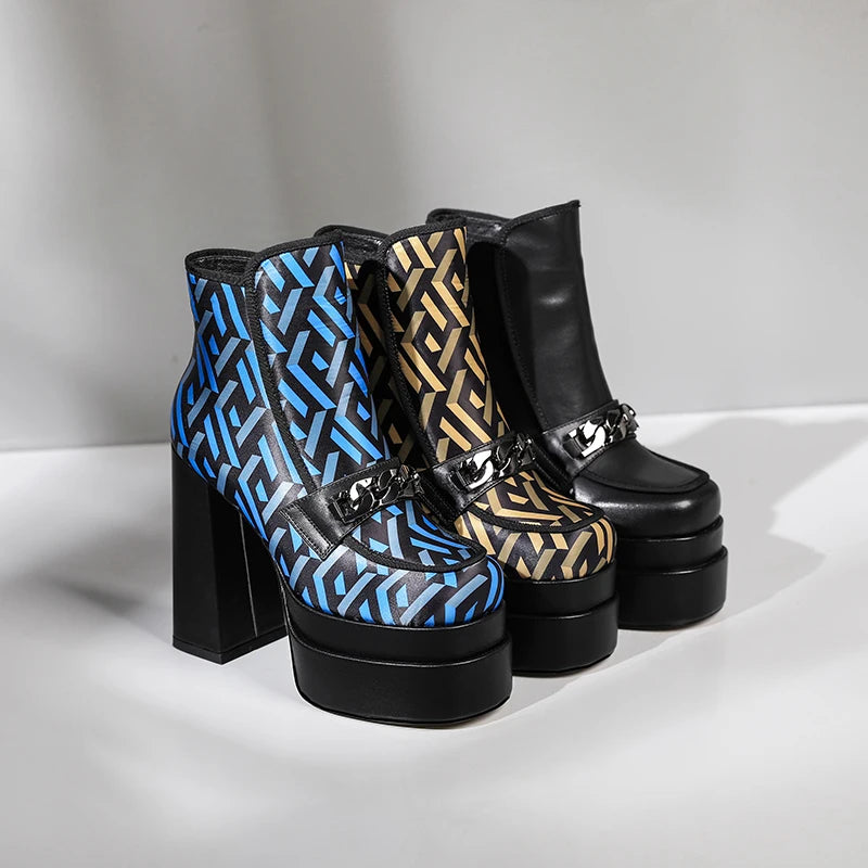 Chunky High Heels Ankle Boots with Metal Decor